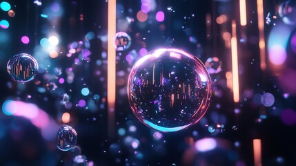 Wall Mural - abstract glowing spheres, with bokeh lights, in a dark background.