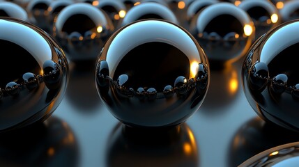 Wall Mural - abstract background of shiny black spheres reflecting light.