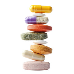 stack of colorful pills and capsules balancing, isolated on transparent cutout background