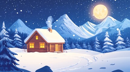 Wall Mural - A cozy cabin with warm lights glows in the snowy mountains under a bright full moon.