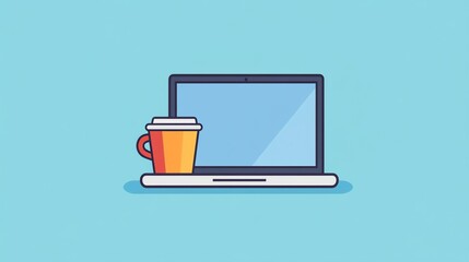 A cartoon illustration of a laptop computer with a cup of coffee to the left of it.