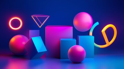 Wall Mural - abstract composition of geometric shapes, spheres and neon glowing lines in vibrant colors on a dark