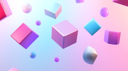 Wall Mural - abstract colorful geometric shapes and spheres float in a dreamy pastel background.