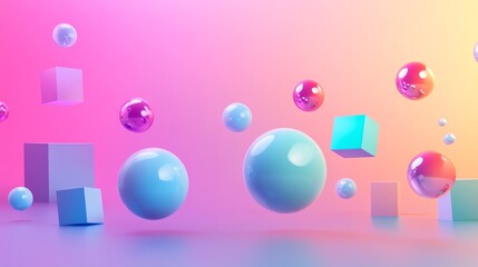 Wall Mural - abstract 3d illustration of colorful spheres and cubes floating in mid-air against a vibrant gradien