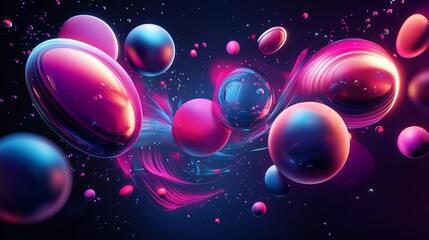 Wall Mural - abstract spheres and glowing lines in a dark blue background.