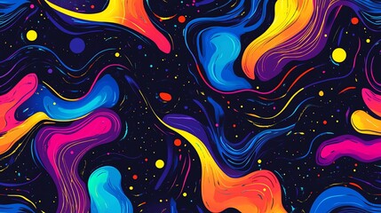 Wall Mural - abstract colorful liquid swirls on a black background with dots.