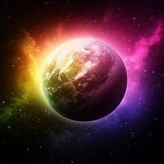 colorful nebula surrounds earth in space.