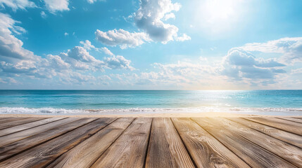 Wall Mural - Empty wooden table with serene beach and clear blue sky view