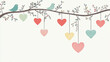 © AIPhoto - Charming illustration of birds and hanging hearts on branch, perfect for romantic themes and decorations. Ideal for cards and invitations