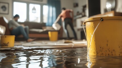 Men removing water with buckets from flooded house after a disaster