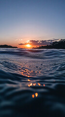 Wall Mural - silhouette of trees on coastline at sunset with orange and blue colors reflected in rippling water
