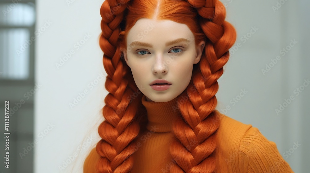 Stunning portrait of a model with fiery orange hair styled into an ...