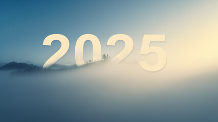 Wall Mural - new year 2025 inspirational abstract nature background and foggy horizon of mountain hills and fores
