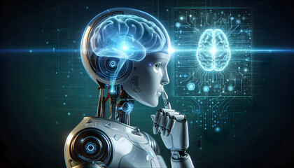 AI Robot Background A robot with a transparent head showing a glowing brain, contemplating holographic AI graphs3