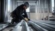 © Agung - Construction worker installing metal framing inside a building. (1)