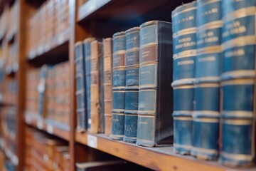 Wall Mural - Blurry books on library bookshelf background.