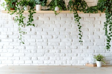Wall Mural - bookcase with evergreen plants over white brick wall with copy space