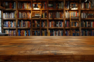 Wall Mural - Empty wooden table in library. Mockup for design  Empty wooden table in library. Mockup for design