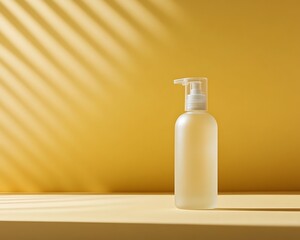 minimalistic packaging designs on pastel, Frosted Glass Spray Bottle on Yellow Background