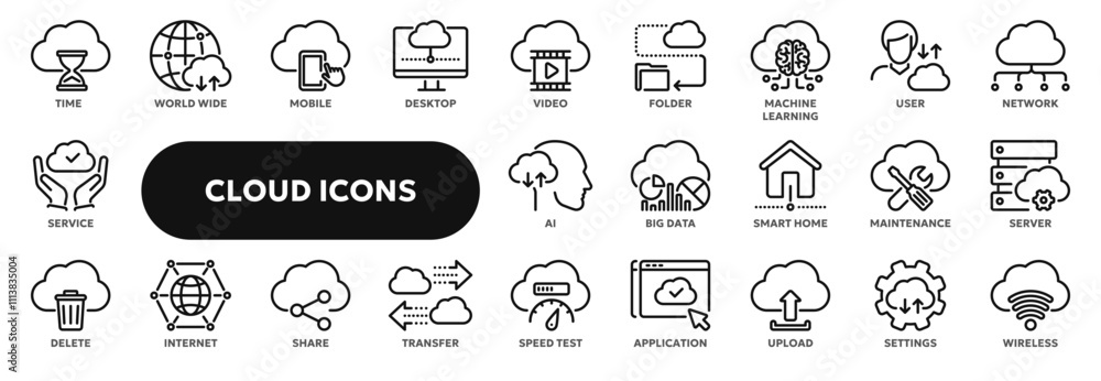 Set of vector line icons related to cloud computing technology, ai ...
