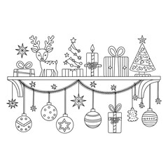 Wall Mural - A black and white illustration of a Christmas themed shelf.