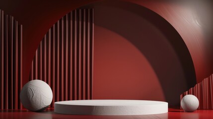 Wall Mural - red minimalist product display with white platform and spheres