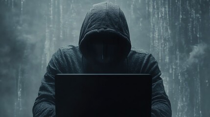 A hooded figure is working on a laptop in a dark room with a blue, hazy background.