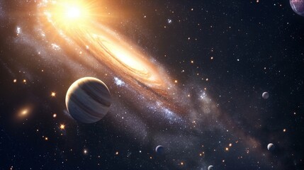 Wall Mural - glowing round galaxy and gas giant in dark space image. glaring cosmic formation in universe photogr