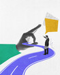 © master1305 - Businessman standing on road and gesturing towards giant hand, representing guidance and achieving goals. Contemporary art collage. Concept of business, cooperation, partnership