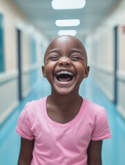 Wall Mural - Young girl is smiling and laughing in a hallway. She is wearing a pink shirt. Scene is happy and joyful