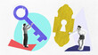 © master1305 - Man and woman interacting with giant key and lock, symbolizing finding solutions and unlocking potential. Contemporary art collage. Concept of business, teamwork, success, progress