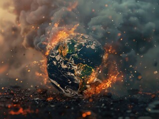 Wall Mural - planet is on fire and surrounded by smoke. the fire is so intense that it has melted the planet's su
