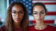 © JoxyAimages - Two women, wearing glasses and casual attire, pose confidently in front of a backdrop of a large national flag, signifying intelligence and diverse cultural identity.
