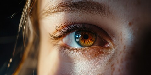 Canvas Print - Woman's eye with brown irises and lashes. The eye is open and the irises are a deep brown color