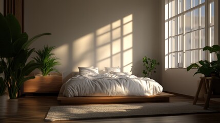 Wall Mural - Minimalist Bedroom Design With Wooden Platform Bed And Plants