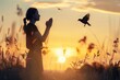 © darshika - Woman and bird in nature at sunset  symbolizing hope.