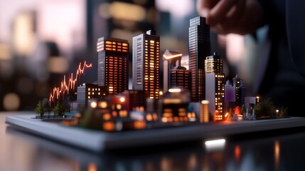 Wall Mural - night cityscape model on tablet, growth chart.