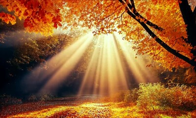 Wall Mural - a serene autumn landscape with sunlight filtering through vibrant orange leaves, creating a warm, tr