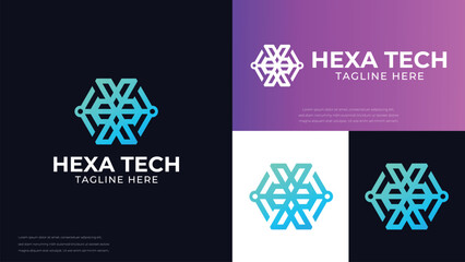 Wall Mural - hexa tech logo design, geometric hexagon vector logo, gradient technology logo illustration, innovat