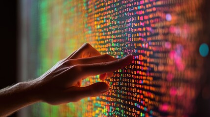Wall Mural - exploring the digital realm: a hand interacting with vibrant code