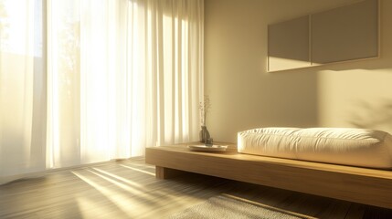 Wall Mural - Sunlit Minimalist Room With Wooden Platform Bed