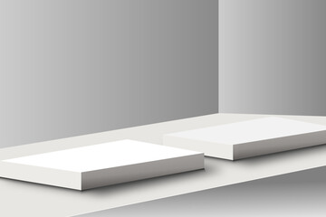 Wall Mural - two rectangular white product stands placed on a table, blank white product studio background, stage