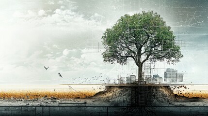 Leinwandbilder - Linking standard concepts a conceptual diagram of environmental impact on urban development graphic illustration aerial view nature and technology interaction