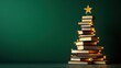 © sutus - Creative Holiday Display of Stack of Books Decorated as Christmas Tree with Star Topper and Twinkling Lights on Dark Green Background