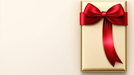 Wall Mural - Elegant Gold Gift Box with Red Ribbon and Bow on Soft Neutral Background Ideal for Celebrations, Holidays, and Special Occasions in Stock Photography