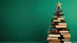 © sutus - Festive Christmas Tree Adorned with Ornaments and Topped by a Star, Surrounded by a Stack of Colorful Books Against a Vibrant Green Backdrop