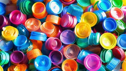 top view of plastic containers, a pile of colorful plastic bottle caps and bottles