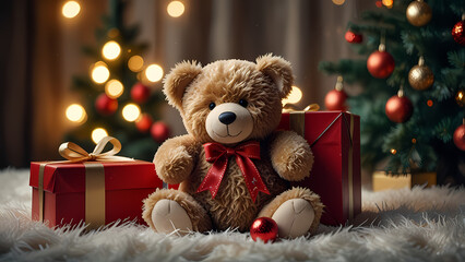 Wall Mural -  a fluffy teddy bear beside of  Christmas gift box