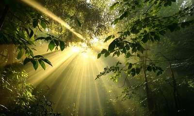 Wall Mural - a serene forest scene with sunlight streaming through the trees, creating a mystical atmosphere