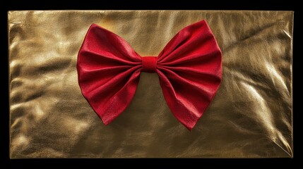 Wall Mural - Elegant Gold Gift Wrap with a Striking Red Bow, Perfect for Celebrations, Birthdays, Holidays, and Special Occasions to Add a Touch of Luxury and Charm